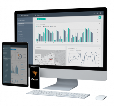 ecrans avec des graphiques d'analyse de la plateforme Orisun IoT